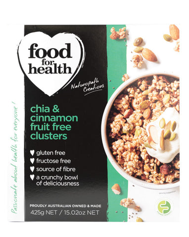 Food for Health Chia & Cinnamon Fruit Free Clusters 425g - Fine Food Direct