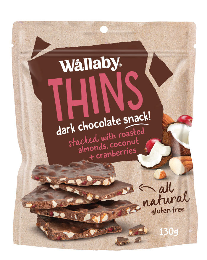 Wallaby Thins Dark Chocolate Almond Coconut & Cranberry 130g - Fine Food Direct
